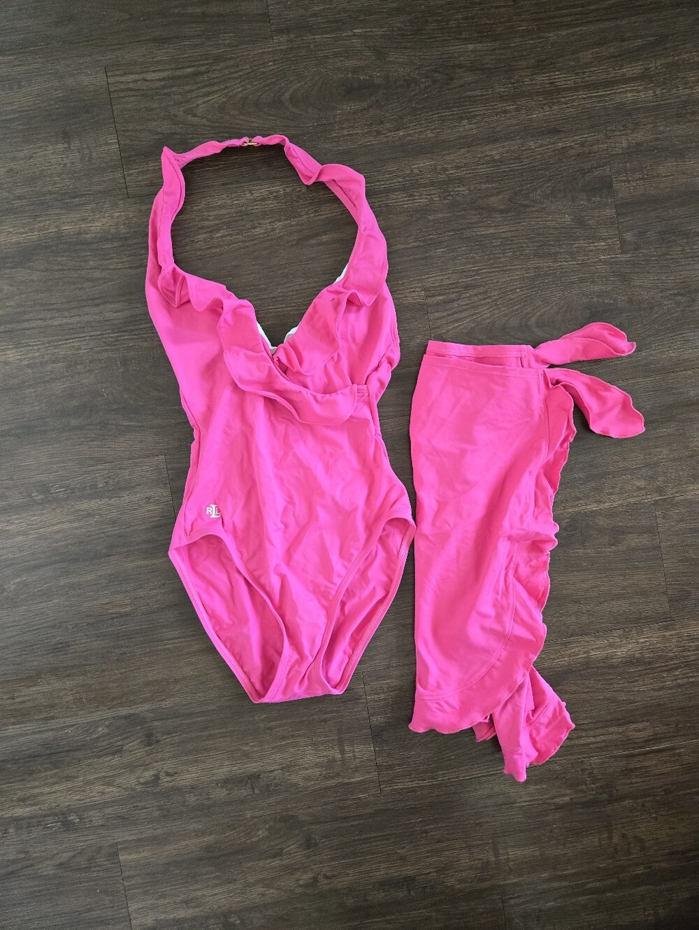 Vintage 90s Ralph Lauren One Piece Ruffle Swimsuit And Matching Sarong Set - Picture 11 of 11